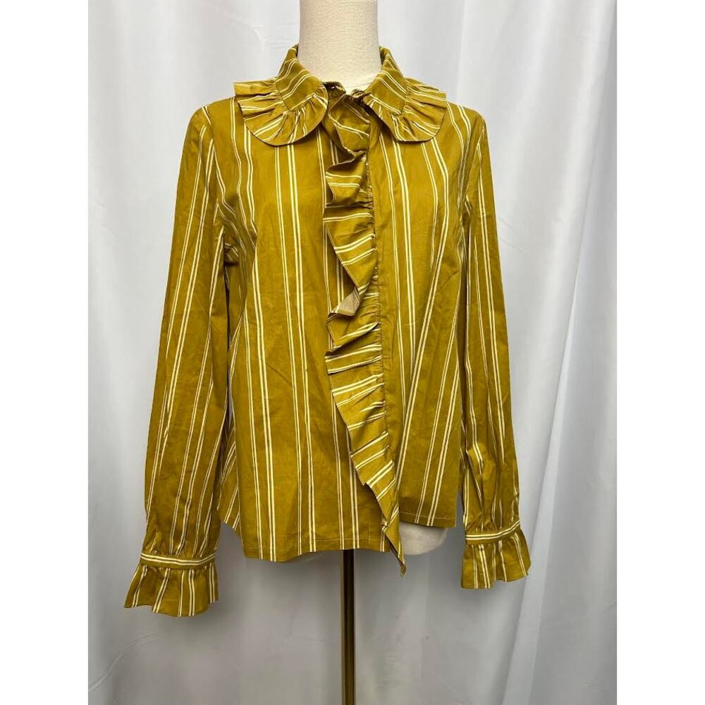 NWT!β Just Female Giva Ruffle Collar Button Up Blouse Gold SMALL